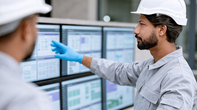 Building Automation Engineer Analyzing BMS Dashboards on Multiple Monitors in Control Room