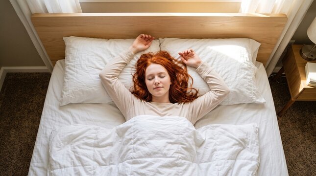 Woman stretching on a bed in a room with brown carpet
