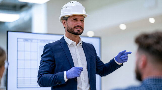 Quality Manager Presenting Corrective Action Plan on Monitor in Industrial Office