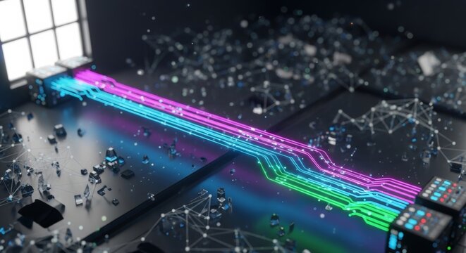 Luminous data streams flow from network nodes in a futuristic digital environment, symbolizing high-speed technology and innovation