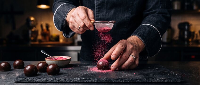 Pastry chef dusting rich chocolate truffles with vibrant pink powder, enhancing visual appeal