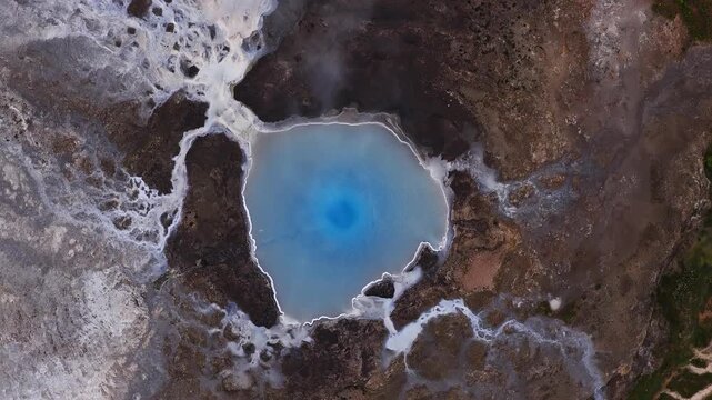 Aerial overhead view shows a rounded turquoise pool with deep blue center at Geysir, Haukadalur, Iceland, with steam rising, bubbling water, and white mineral crust.