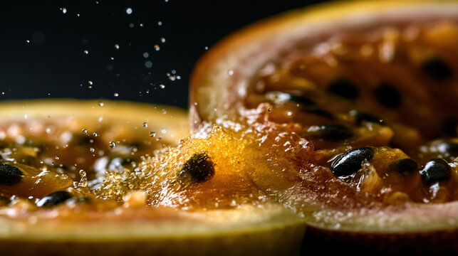 Close-up of a slice of tomato with water droplets, dark seeds