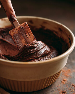 Decadent sticky brownie creation in a cozy kitchen setting