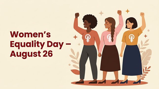 Women's equality day illustration with diverse women raising fists for empowerment and rights on august 26, equality