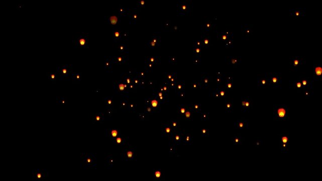 Floating sky lanterns at night, glowing paper lights rising in dark sky, traditional festival celebration background