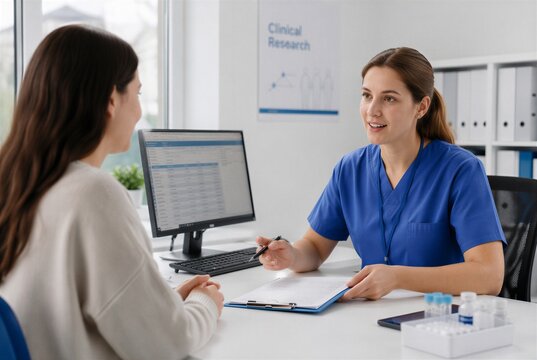 Professional healthcare worker discussing a clinical research study with a patient in a bright modern medical office. Focus on informed consent, patient engagement, and clinical trial participation.