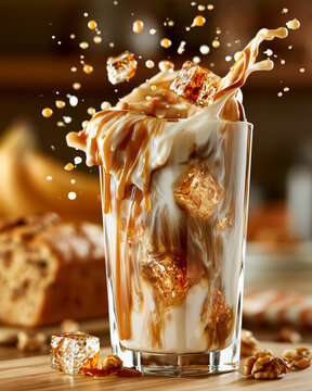 Delicious caramel dessert with icy cream swirls and sweet toppings