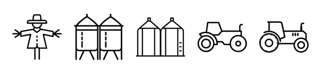 Set of black outline icons representing a scarecrow, large agricultural grain silos, and modern heavy machinery farm tractors © Syicon