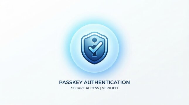Blue shield passkey authentication icon with checkmark for secure access and verification background or banner design