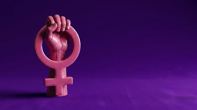 Pink female gender symbol held by a clenched fist against a purple background with feminism equality activism empowerment