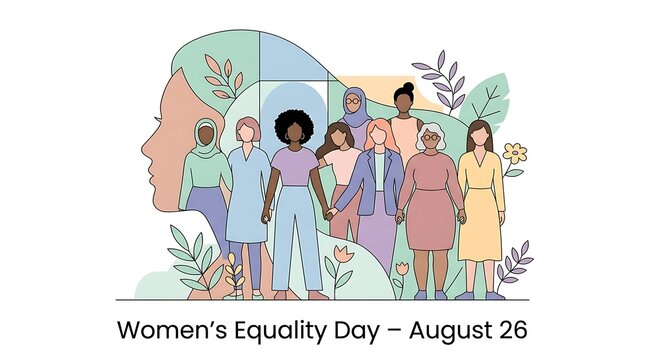 Women's equality day celebration illustration with diverse group of women standing together august 26 equality diversity