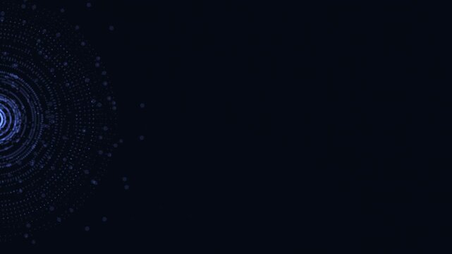 Abstract blue digital particles forming a circular pattern on dark background, technology concept