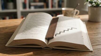 Fototapeta premium Open book with wooden bookmark on a sunlit table for cozy reading background and study flatlay design