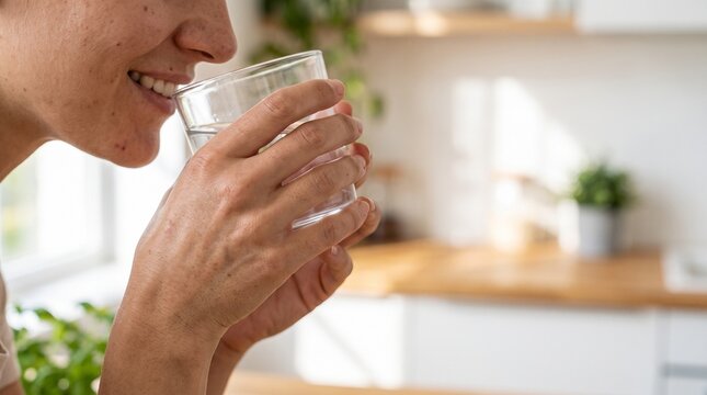 Close up of a person drinking water from a glass in a bright kitchen setting