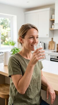 person drinking water from a glass in a bright kitchen setting