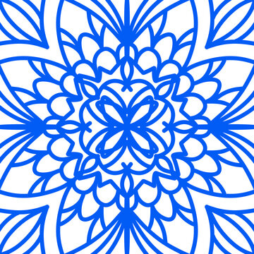 Blue mandala ornament line art element, decorative symmetrical floral pattern, abstract spiritual meditation graphic on transparent background