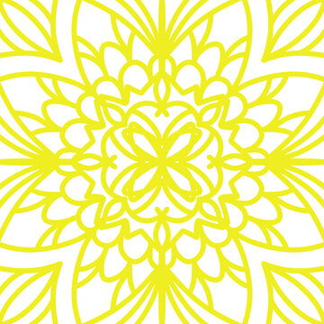 Yellow mandala ornament line art element, decorative symmetrical floral pattern, abstract spiritual meditation graphic on transparent background