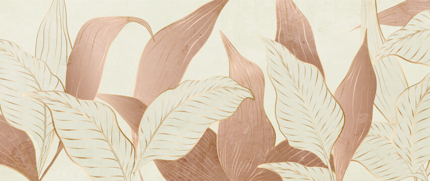 Luxury botanical art background featuring tropical leaves with gold line elements. Natural pattern for decor, prints, textiles, posters, wallpaper, and interior design.
