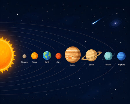 Minimalist Solar System Illustration with Sun and Eight Planets in Outer Space