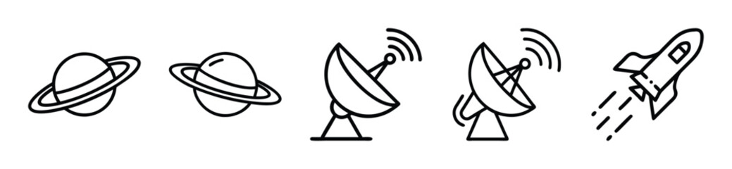 Minimalist line art illustrations of planets, satellite dishes, and a rocket ship in black on a white background with lines. © Syicon
