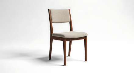 Fototapeta premium Modern wooden chair with beige upholstery and fabric backrest in interior design transparent background