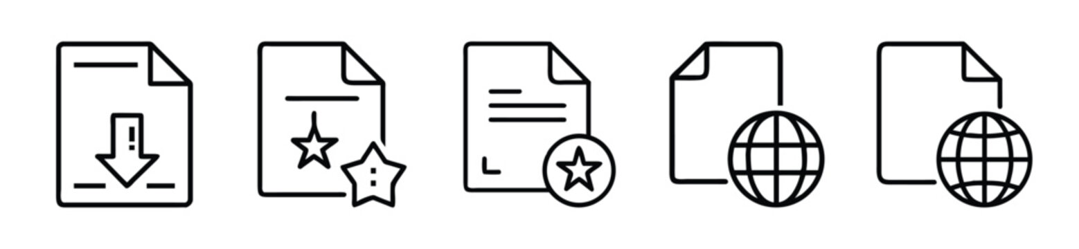 A set of five minimalist black outline document icons featuring arrows, stars, and globes on a plain white background