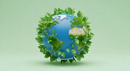 Fototapeta premium Global Earth Covered in Lush Green Leaves with Hands Holding Planet in Bright Light