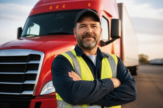 Truck driver standing with arms crossed at truck yard