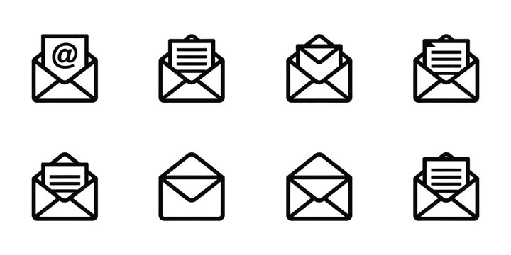 Mail icon set with email icons, envelope illustration, outline and solid message symbols for communication and user interface design