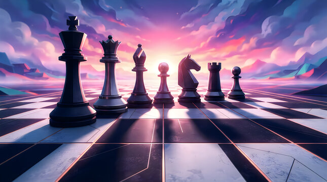Chess pieces lined up on board against colorful sunset sky with strategy, competition