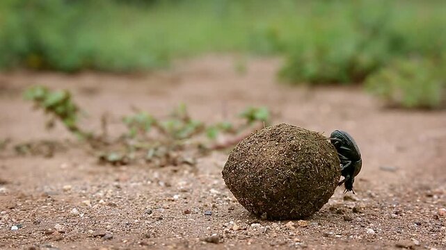 Dung beetle working on dung ball in Greater Kruger National park, South Africa ; Specie Scarabaeus viettei family of Coleoptera
