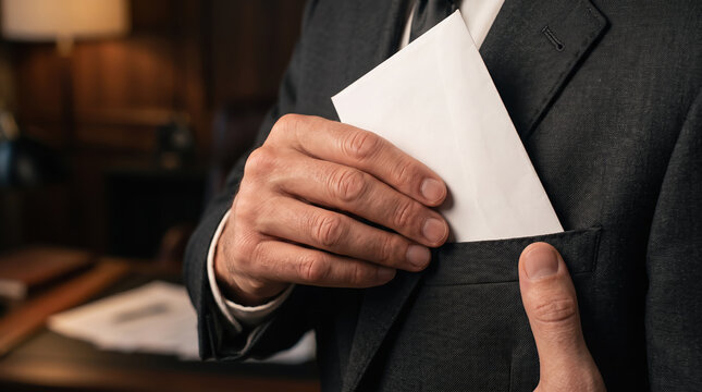Man in business suit slipping or removing white envelope into jacket breast pocket. Financial bribe and corruption conceptual. Crime, money, bribery or secret document transfer concept with copy-space