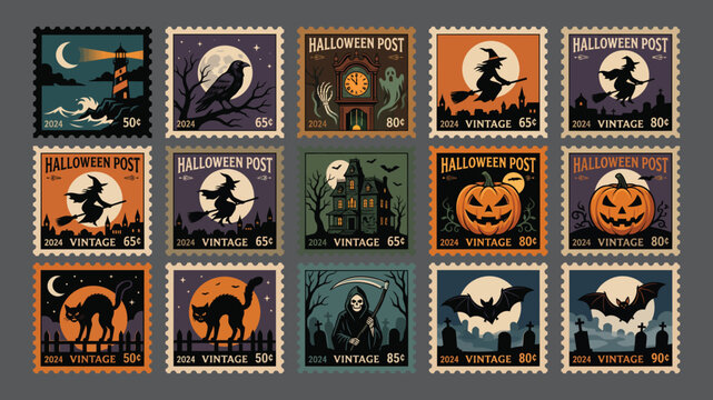 Vintage Halloween Postage Stamps Vector Collection