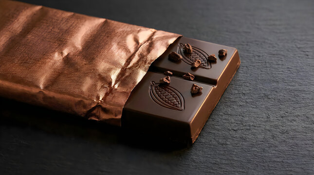 Dark gourmet chocolate bar with cocoa nibs inside a bronze metallic wrapper, chocolate