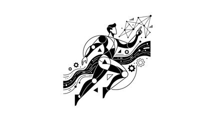 Obraz premium Futuristic Man Interacting with Digital Network, Data Flow, Technology Concept