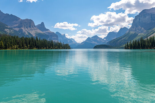 Maligne Lake with Canadian Rockies reflection, Jasper national park, Alberta, Canada.