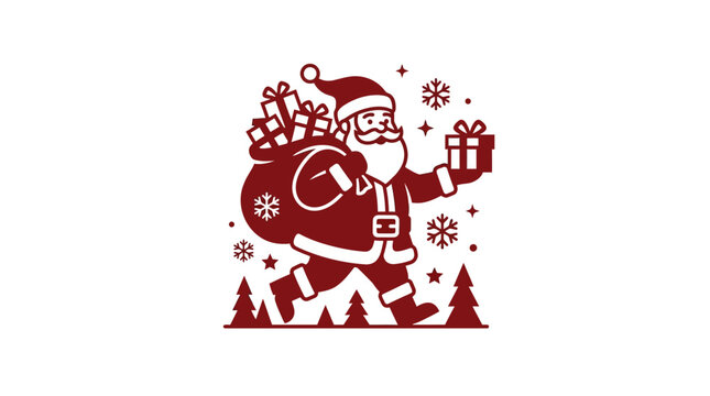Santa Claus Running with Gift Bag and Presents, Christmas Holiday Icon