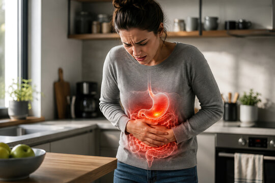 Woman Suffering from Stomach Pain with Digestive System Illustration