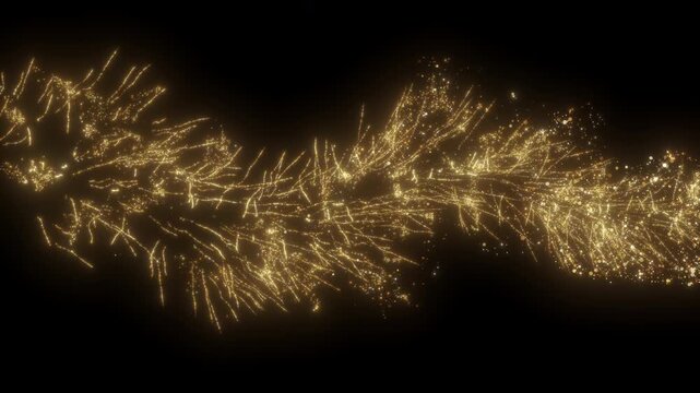 4K Flight of gold bokeh particles. Light magic sparkling glitter golden. On black background. sparkles crossing particles dust gold shining. Christmas, event, year new, anniversary, birthday, Diwali