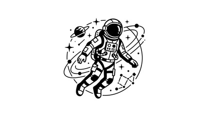 Obraz premium Astronaut Floating in Space with Planets and Stars, Cosmic Illustration