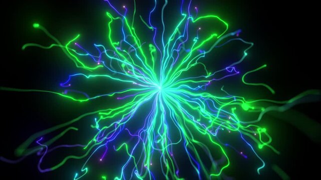 4K Neon Electric Energy Explosion Background. Colorful Lightning Trails, Plasma Burst, Glowing Light Rays, Motion Graphics Overlay, Logo Reveal, 60 FPS, 2160p