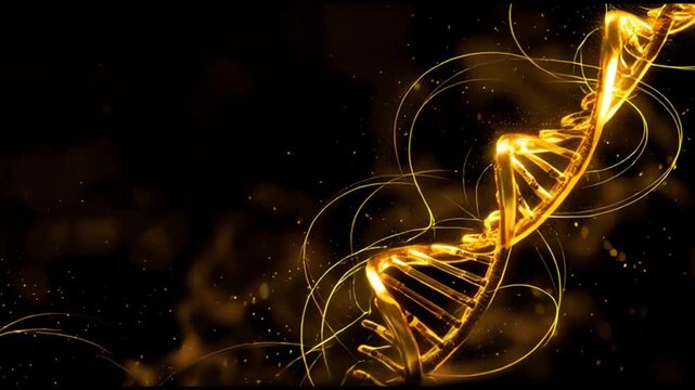 暗闇に浮かぶ金色のDNAスパイラルがゆっくり回転する、遺伝子研究・未来医療・バイオテクノロジー動画背景