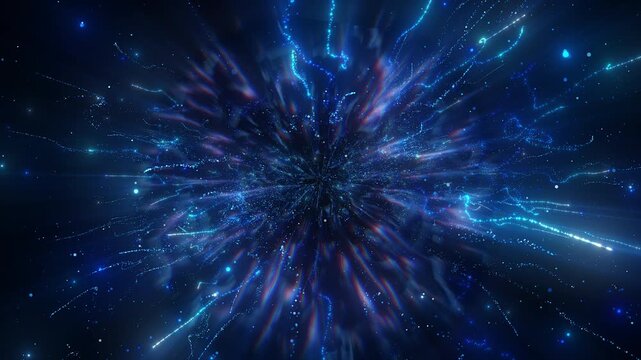 4K Blue Glitter Particle Explosion Abstract Light Burst Background Animation Video. Purple particles isolated on black. Trend effect for motion design, overlays, intros, or festive visuals.