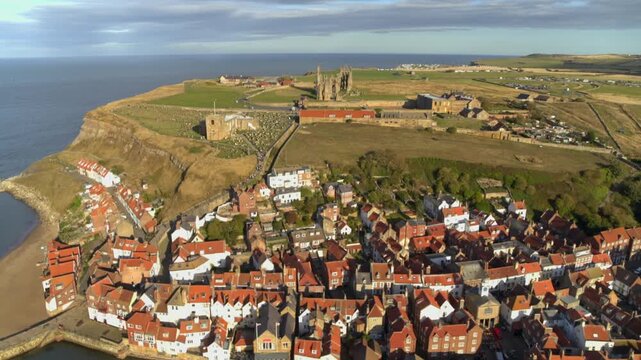 Picturesque aerial view of the historic coastal town of Whitby with its famous abbey ruins