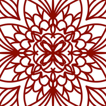 Dark red mandala ornament line art element, decorative symmetrical floral pattern, abstract spiritual meditation graphic on transparent background