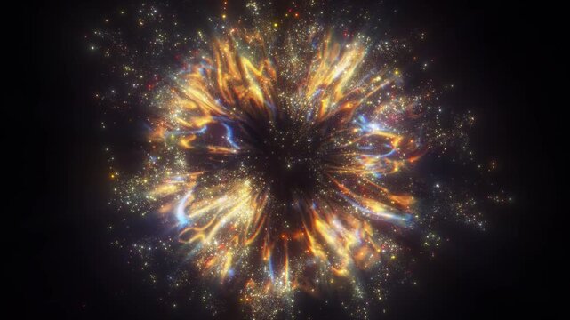 4K Golden Particle Explosion Background. Gold Glitter Burst, Luxury Gold Sparkles, Energy Rays, Abstract Motion Graphics Overlay, Logo Reveal Animation, 60 FPS, 2160p