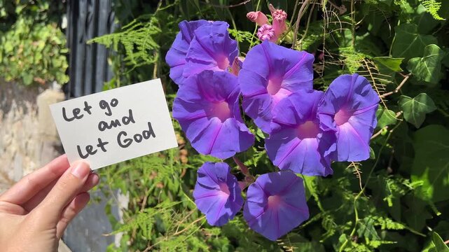 Let go and let God - christian motivational text with purple flowers on background, biblical faith concept