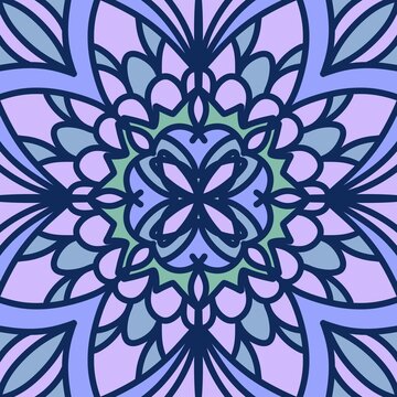 Pastel blue and purple mandala geometric pattern, decorative symmetrical floral ornament, abstract spiritual meditation background tile