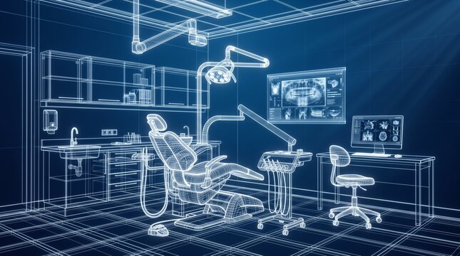 Detailed Blueprint of Futuristic Dental Clinic with Advanced Medical Equipment and Modern Design